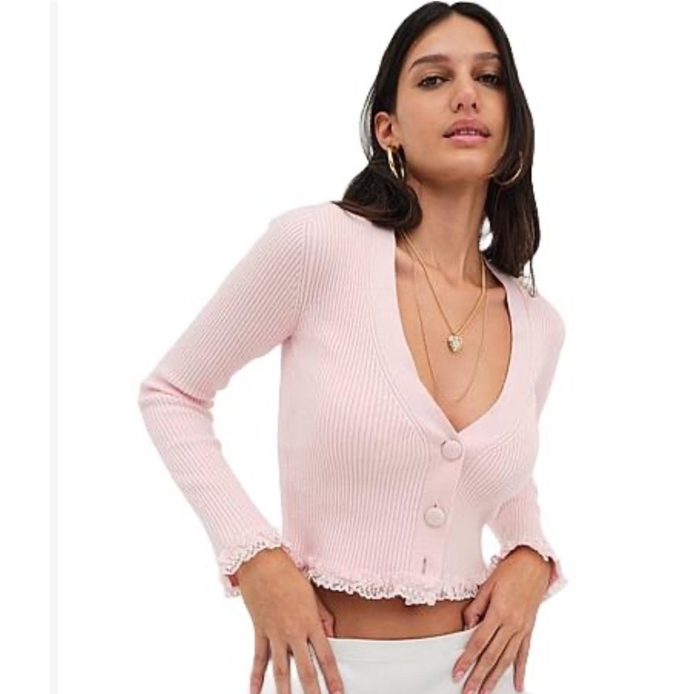 NEW For Love & Lemons Victorias Secret Pink Ribbed Lace Trim Cardigan Sweater S